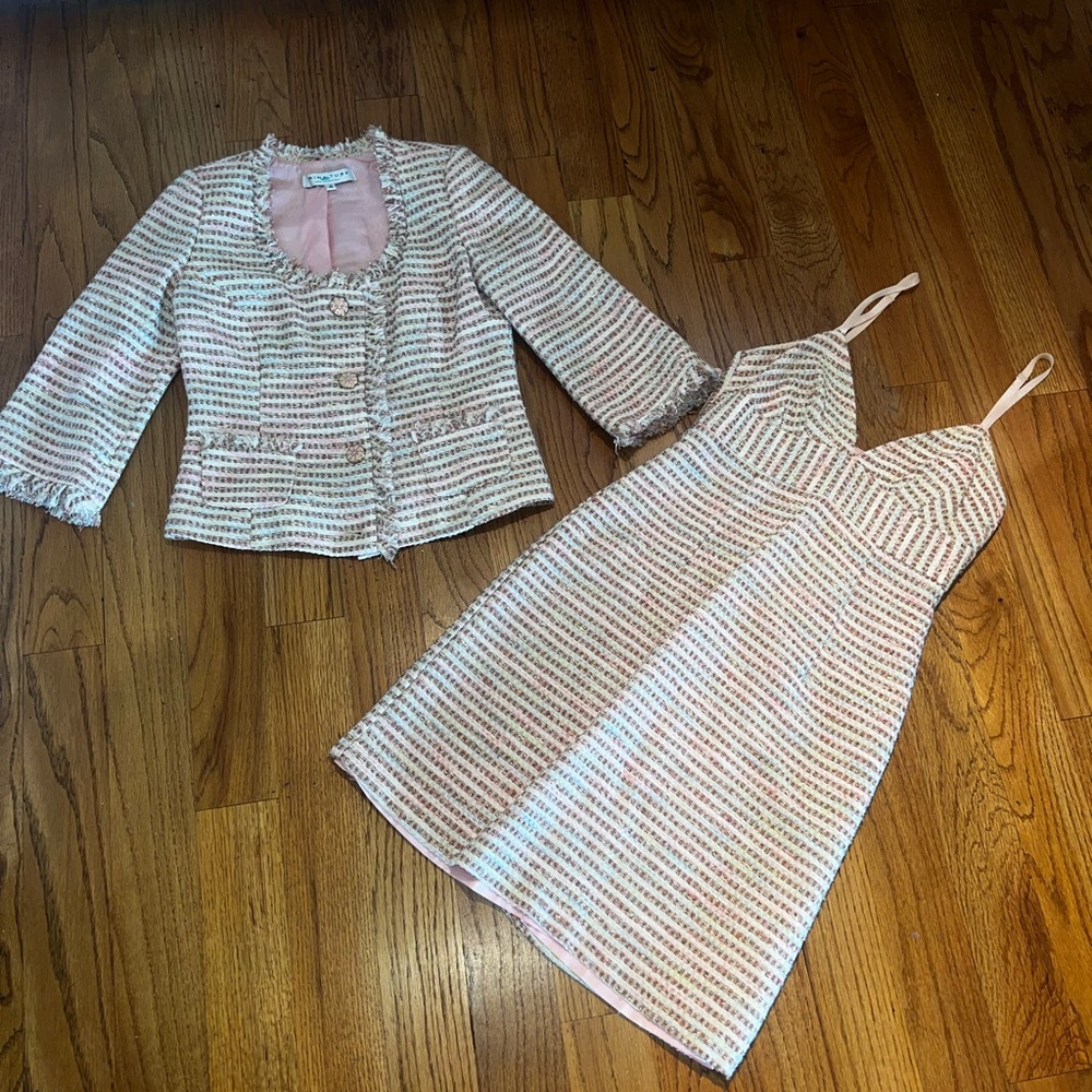 Elegant Pink and White Tweed Dress Set